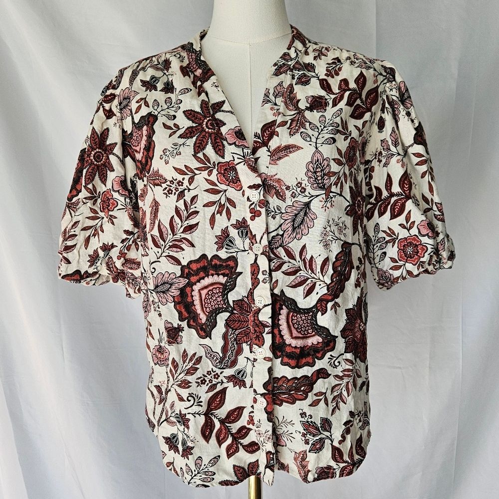 Joie Linen Blend Floral V-Neck Button-Up Blouse Medium Puff Sleeve
